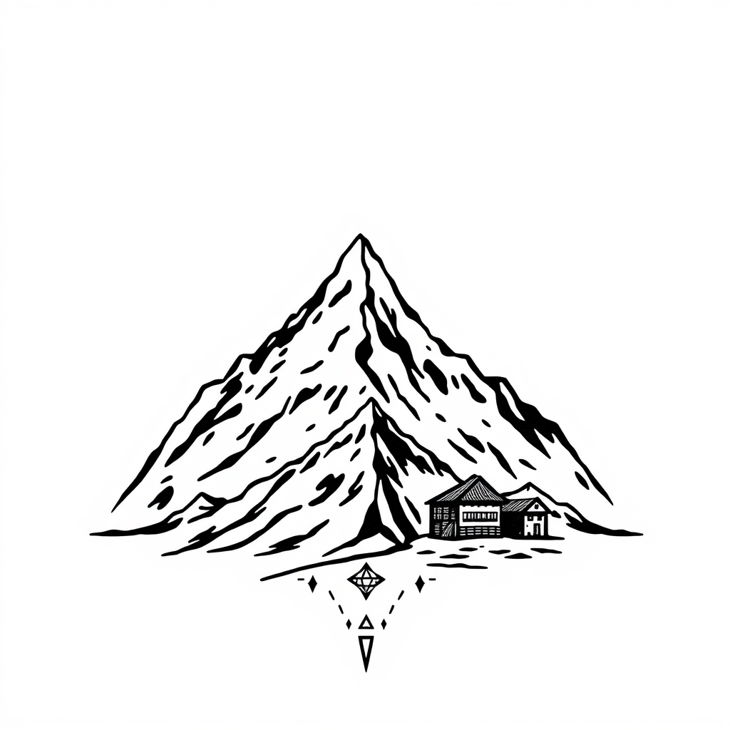 A tattoo design of everest base camp con profilo della montagna, altitudine, bandierine tibetane e qualche elemento caratteristico in the style of minimalist. - everest base camp tattoo design generated by AI tattoo generator