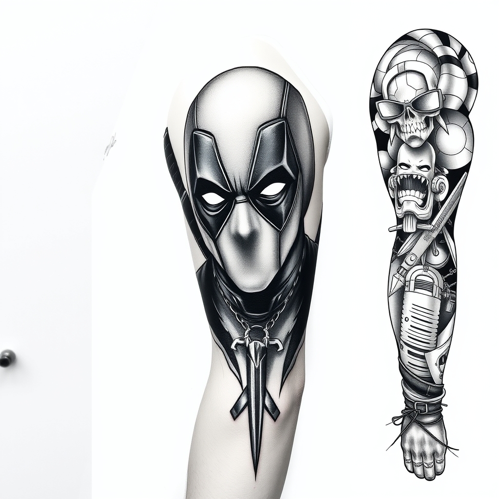 A tattoo design of Top half sleeve black and grey tattoo with deadpool looking proud of tattooing the names Deacan Austin and Kyle on my arm in the style of blackwork. - pop culture characters tattoo design generated by AI tattoo generator