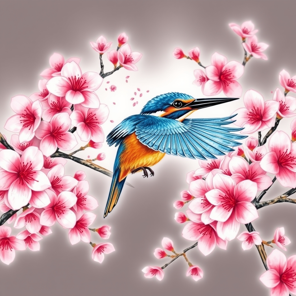 A tattoo design of blue and orange kingfisher in flight surrounded by large quantity of pink cherry blossoms in the style of watercolor. - animals and flowers tattoo design generated by AI tattoo generator