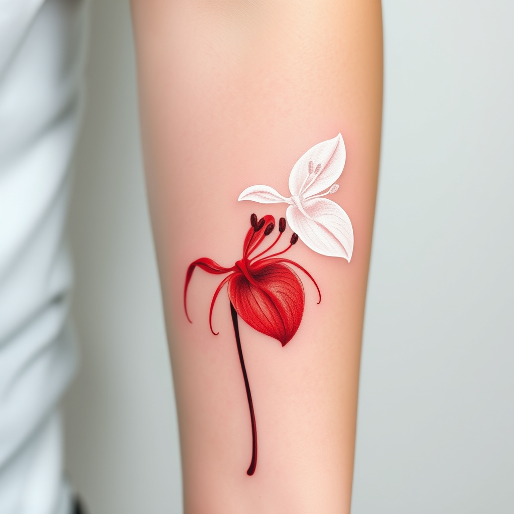 A tattoo design of Realistic spider lily tattoo design in red ink, with fine botanical detailing. The flower should have no leaves on the stem — only a single, slender, naturalistic stem supporting a fully bloomed spider lily with delicate, curled petals and long filaments, all in a vivid red tone. Overlay a second version of the same flower in pure white ink, slightly offset to the right, creating a ghosted double-vision effect (3D-style diplopia). The white flower should look like a translucent echo or spiritual aura of the red lily, as if its soul is gently drifting out. Focus on soft contrast between the vibrant red and ethereal white. The design should be clean, refined, and emotionally expressive — balancing realism and minimalism. Tattoo placement should be on the inner forearm or upper arm for visual clarity, with smooth skin texture as the background in the style of minimalist. - flower tattoo design generated by AI tattoo generator