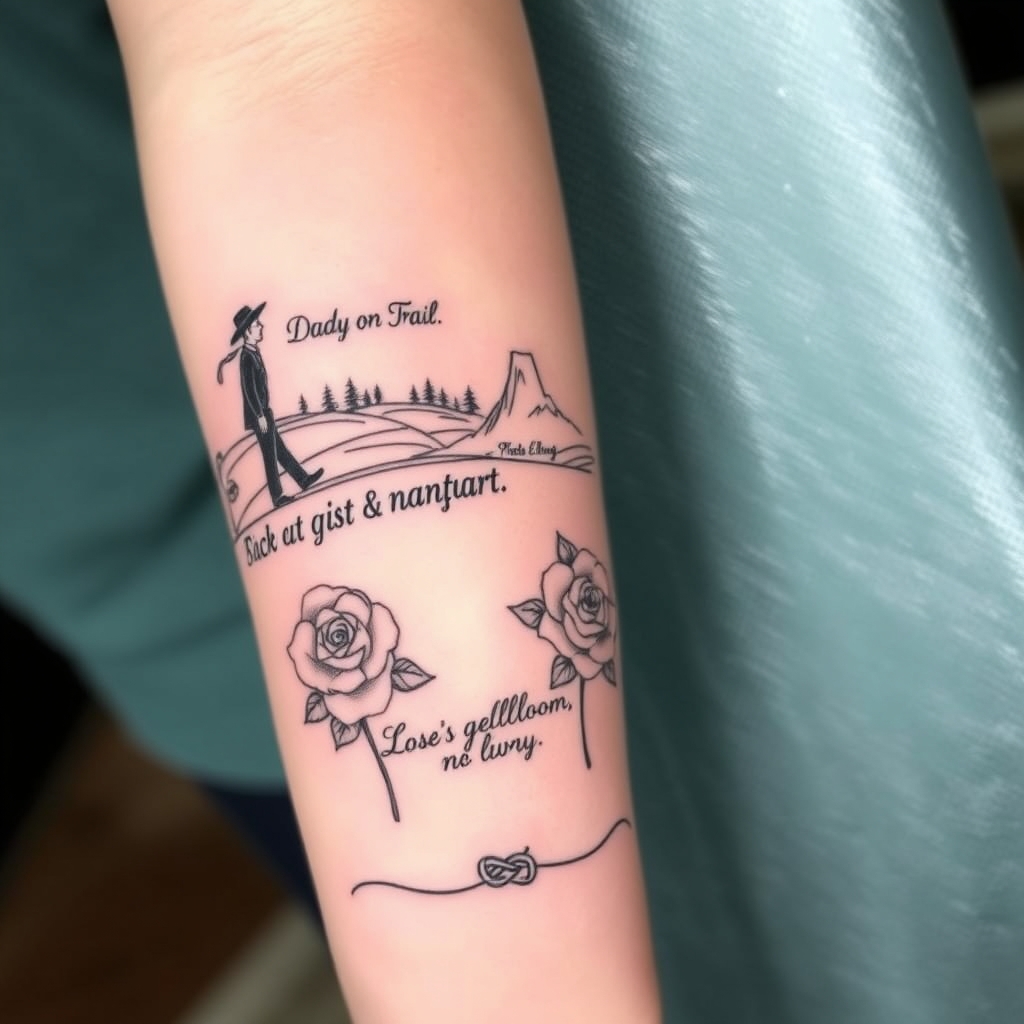 A tattoo design of [ Cowboy Sketch at Shoulder ]         ↓ [ Dad on Trail ⇒ Dust & Vine Start ]         ↓ [ Where’s Waldo mini-scene around Elbow ]         ↓ [ Roses bloom along Forearm ]         ↓ [ Final knot/quote at Wrist ] in the style of realistic. - tattoo sleeve tattoo design generated by AI tattoo generator