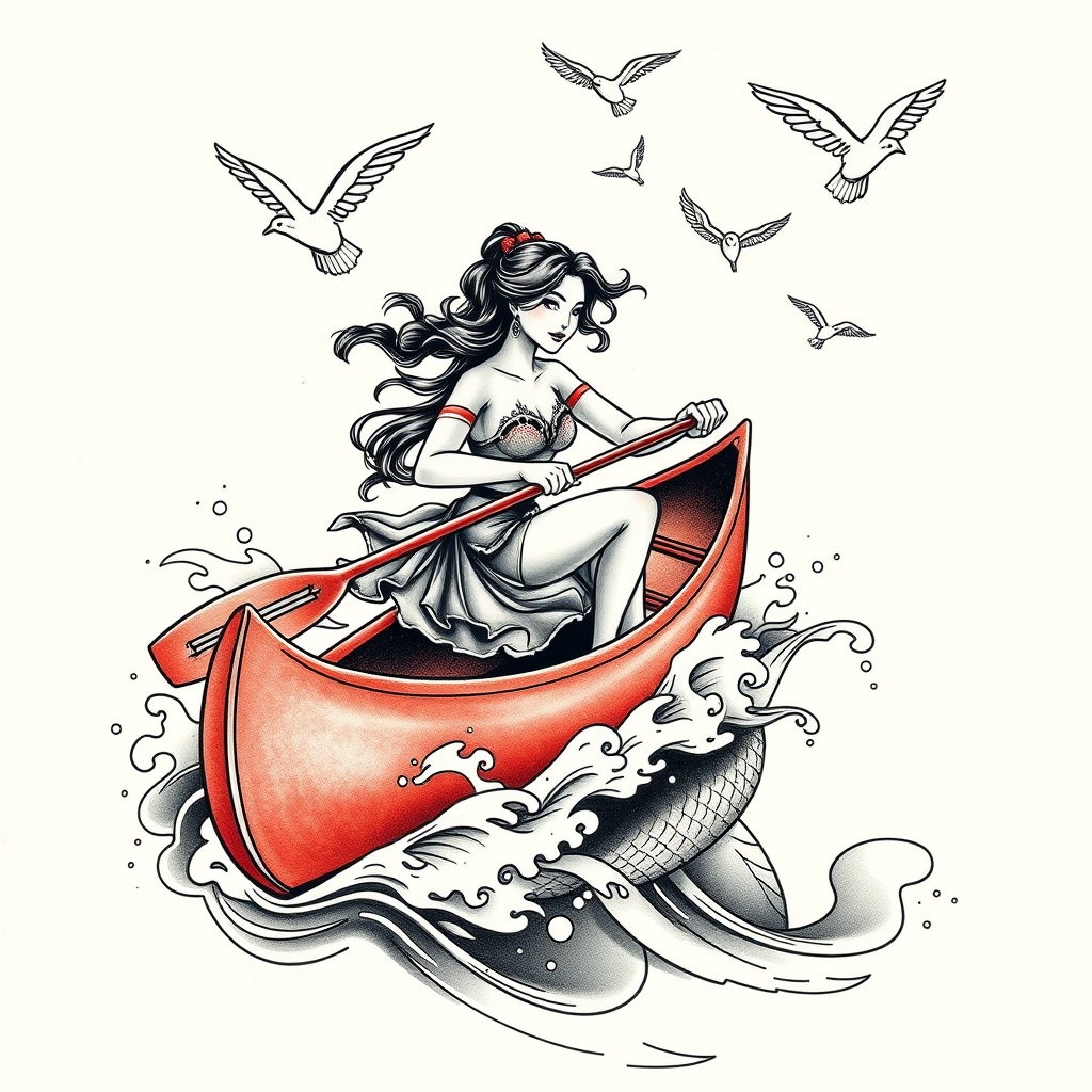 A tattoo design of A strong woman paddling a canoe into water with birds flying above and a mermaid in the water in the style of japanese. - mythical creatures tattoo design generated by AI tattoo generator
