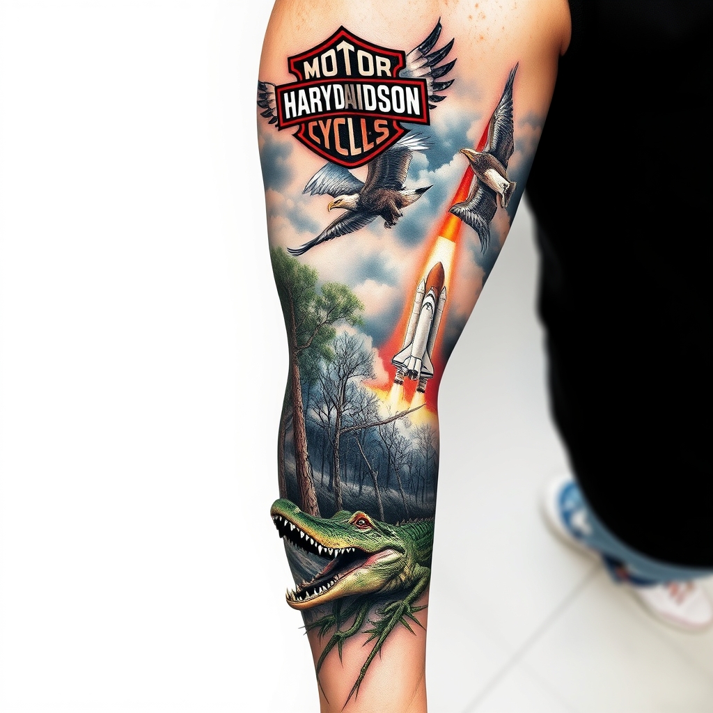 A tattoo design of Right arm full sleeve with the upper containing Harley Davidson theme with eagles mixed with the lower of Florida cypress swamp theme with alligator and space shuttle launch in the background  in the style of realistic. - motorcycle travel tattoo design generated by AI tattoo generator
