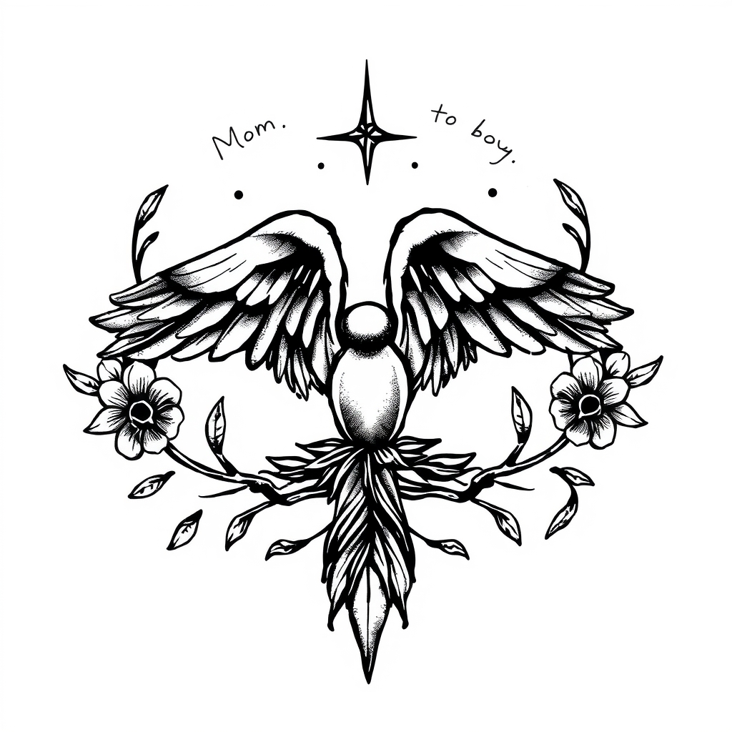 A tattoo design of mom of 2 boys and now empty nest in the style of traditional. - family motherhood tattoo design generated by AI tattoo generator