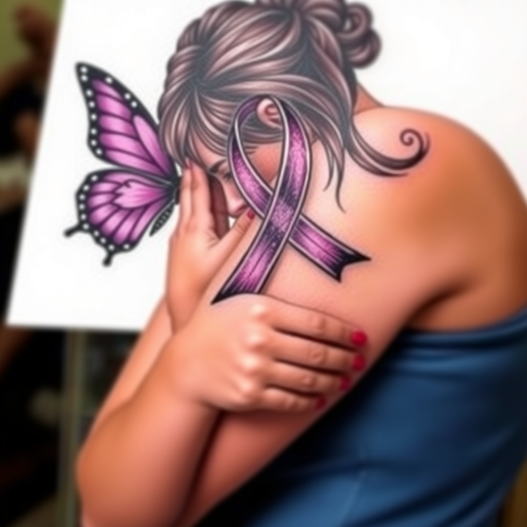 A tattoo design of Domestic violence ribbon awareness inclined together with a purple butterfly as a women hunched over her hands overing her face in the style of tribal. - domestic violence awareness tattoo design generated by AI tattoo generator