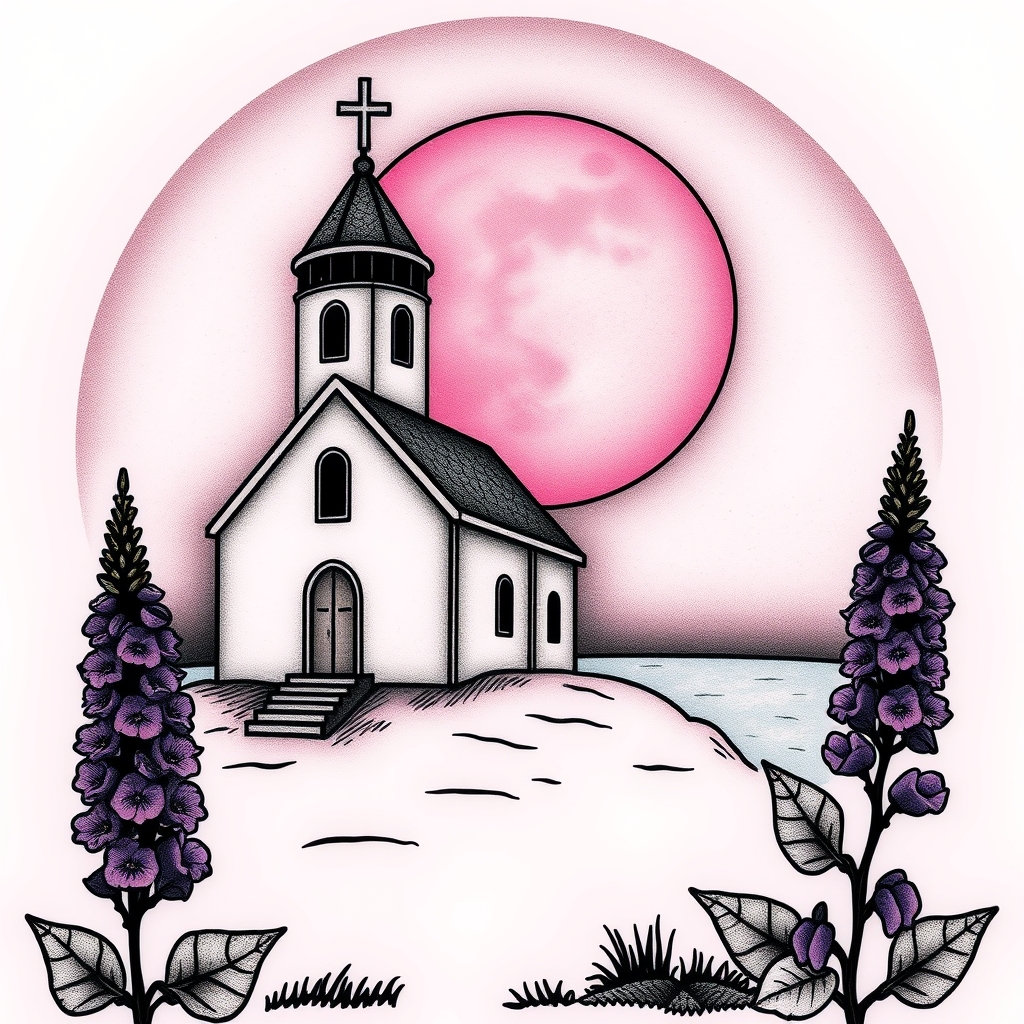 A tattoo design of Chapel and a lighthouse beside it with a pink moon an purple lupines in the style of blackwork. - landscapes tattoo design generated by AI tattoo generator