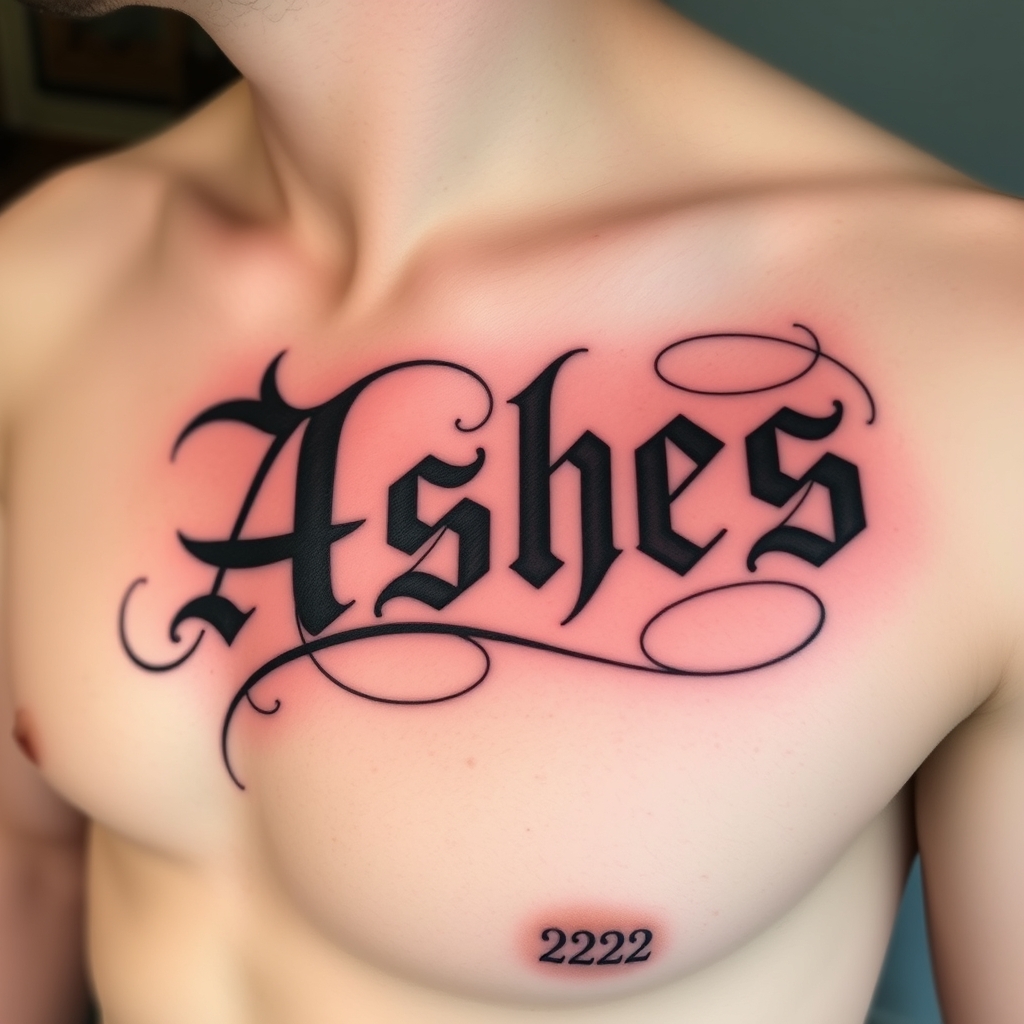 A tattoo design of Words "Ashes 222 Ashes" on left pectoralis in the style of tribal. - memorial phrase tattoo design generated by AI tattoo generator