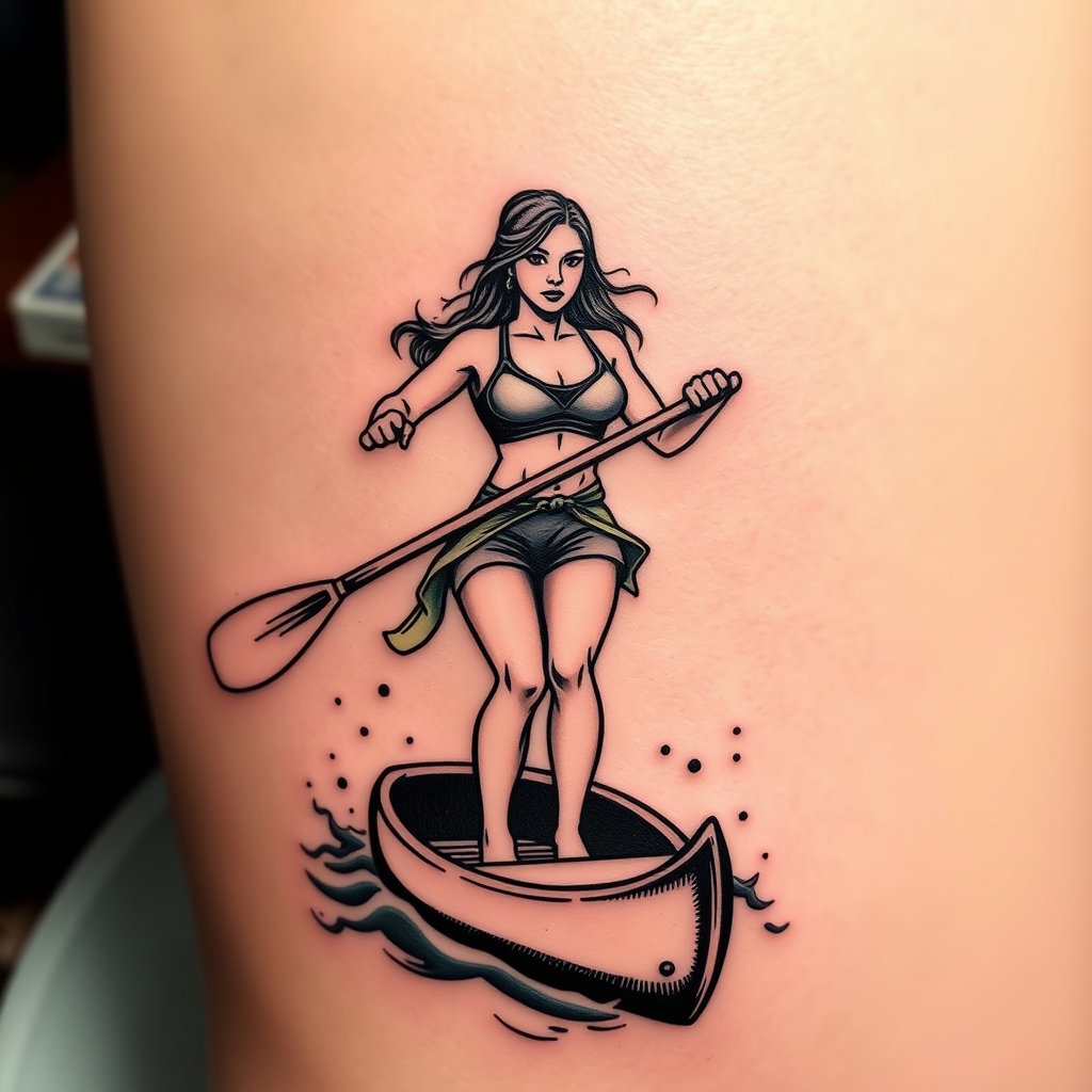 A tattoo design of A strong woman paddling a canoe standing up in the style of realistic. - water sports tattoo design generated by AI tattoo generator