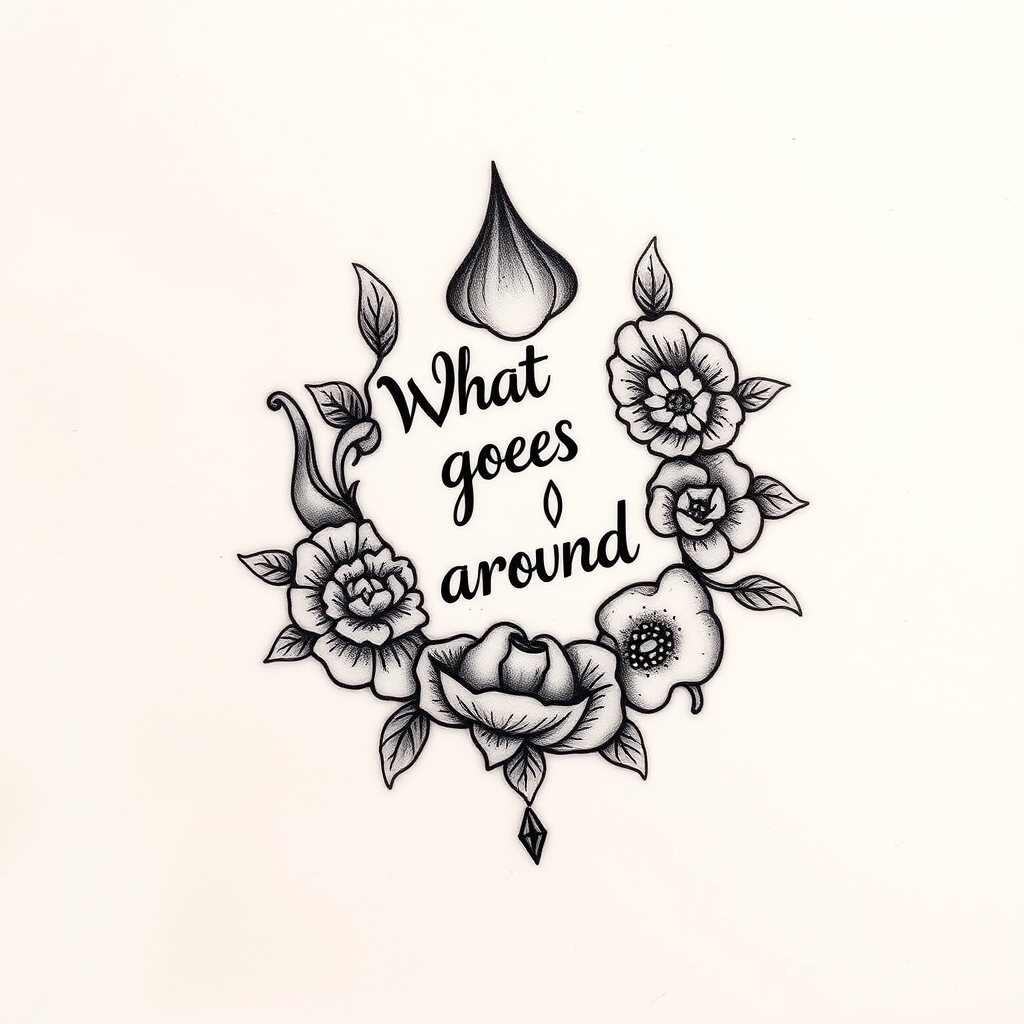 A tattoo design of What goes around come around in the style of traditional. - karma symbol tattoo design generated by AI tattoo generator