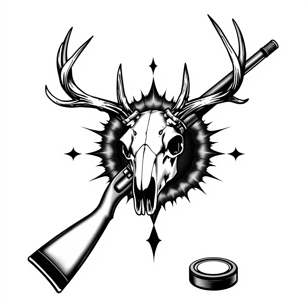 A tattoo design of a deer skull on top of the x of a lever action rifle and a ice hockey stick all blackout with with a white background with a hockey puck on the bottom of the x in the style of realistic. - hunting sports tattoo design generated by AI tattoo generator