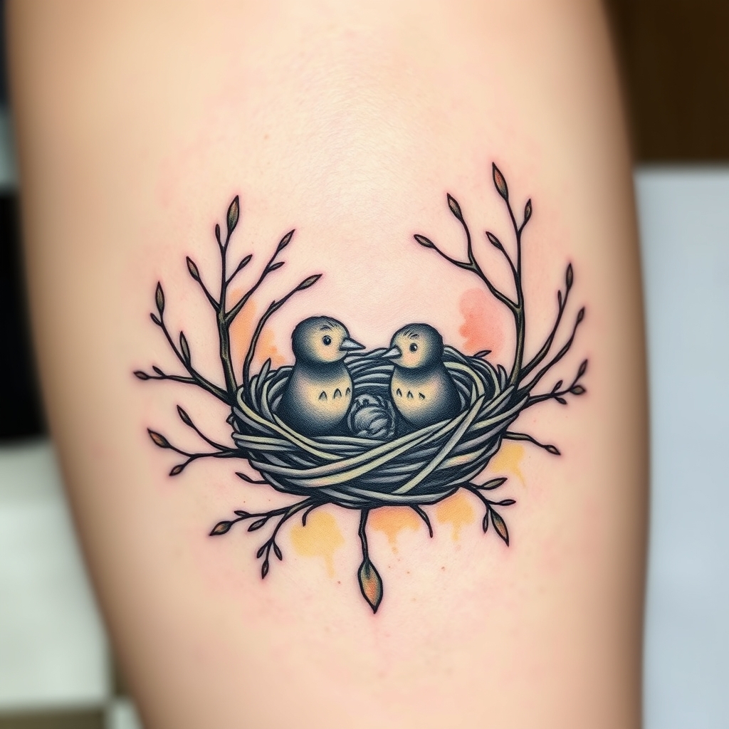 A tattoo design of Empty nest of a mom with deep connection to her 2 grown boys in the style of watercolor. - family symbol tattoo design generated by AI tattoo generator
