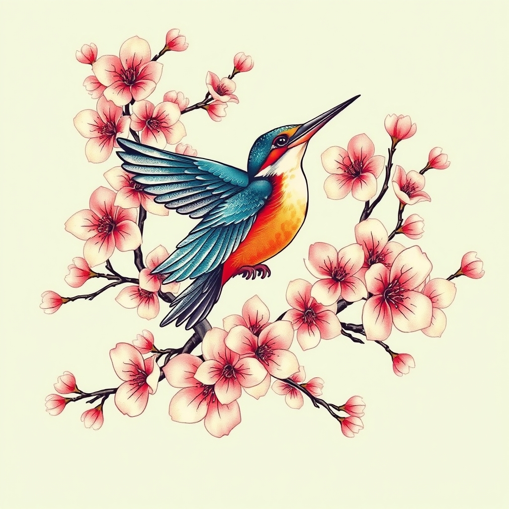 A tattoo design of Big quantities of cherry blossoms with flying kingfisher in the style of japanese. - nature tattoo design generated by AI tattoo generator