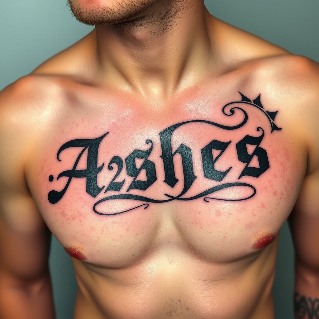 A tattoo design of Words "Ashes 222 Ashes" on left pectoralis in the style of traditional. - text design tattoo design generated by AI tattoo generator