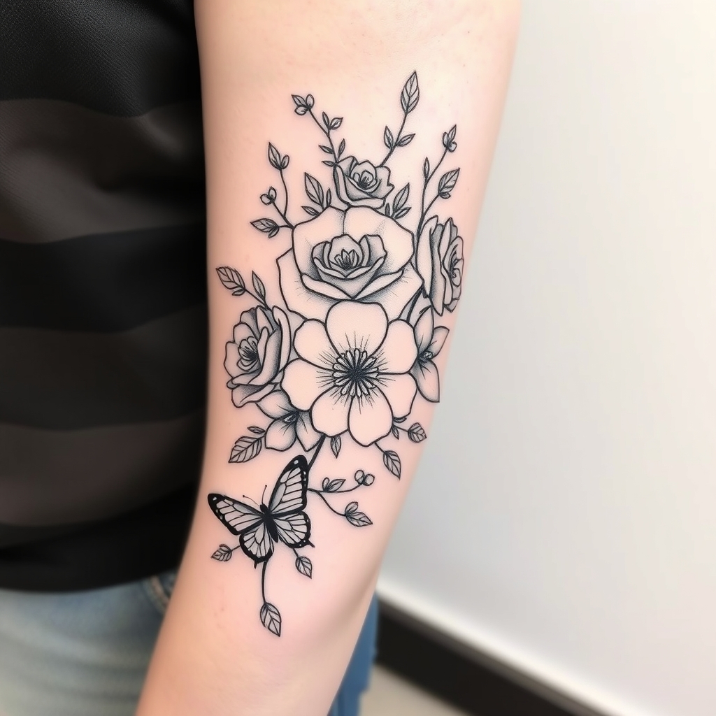 A tattoo design of A nice full half sleeve tattoo on the upper arm with flowers, rose's, butterfly's and minimalist vine leafs in black and white. A few different flowers and one butterfly on the elbow made with fine line in the style of traditional. - floral design tattoo design generated by AI tattoo generator