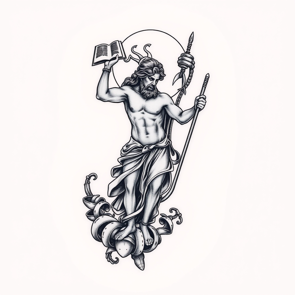 A tattoo design of Greek mythology in the style of realistic. - i'm ready when you are. what's the tattoo description? tattoo design generated by AI tattoo generator