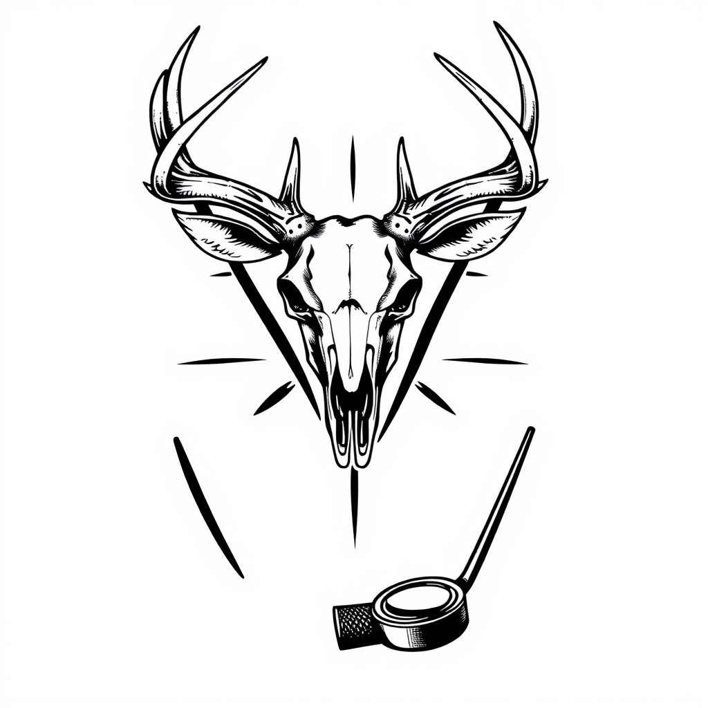 A tattoo design of a deer skull on top of the x of a lever action rifle and a hockey stick all blackout with with a white background with a hockey puck on the bottom of the x in the style of realistic. - hunting sports tattoo design generated by AI tattoo generator