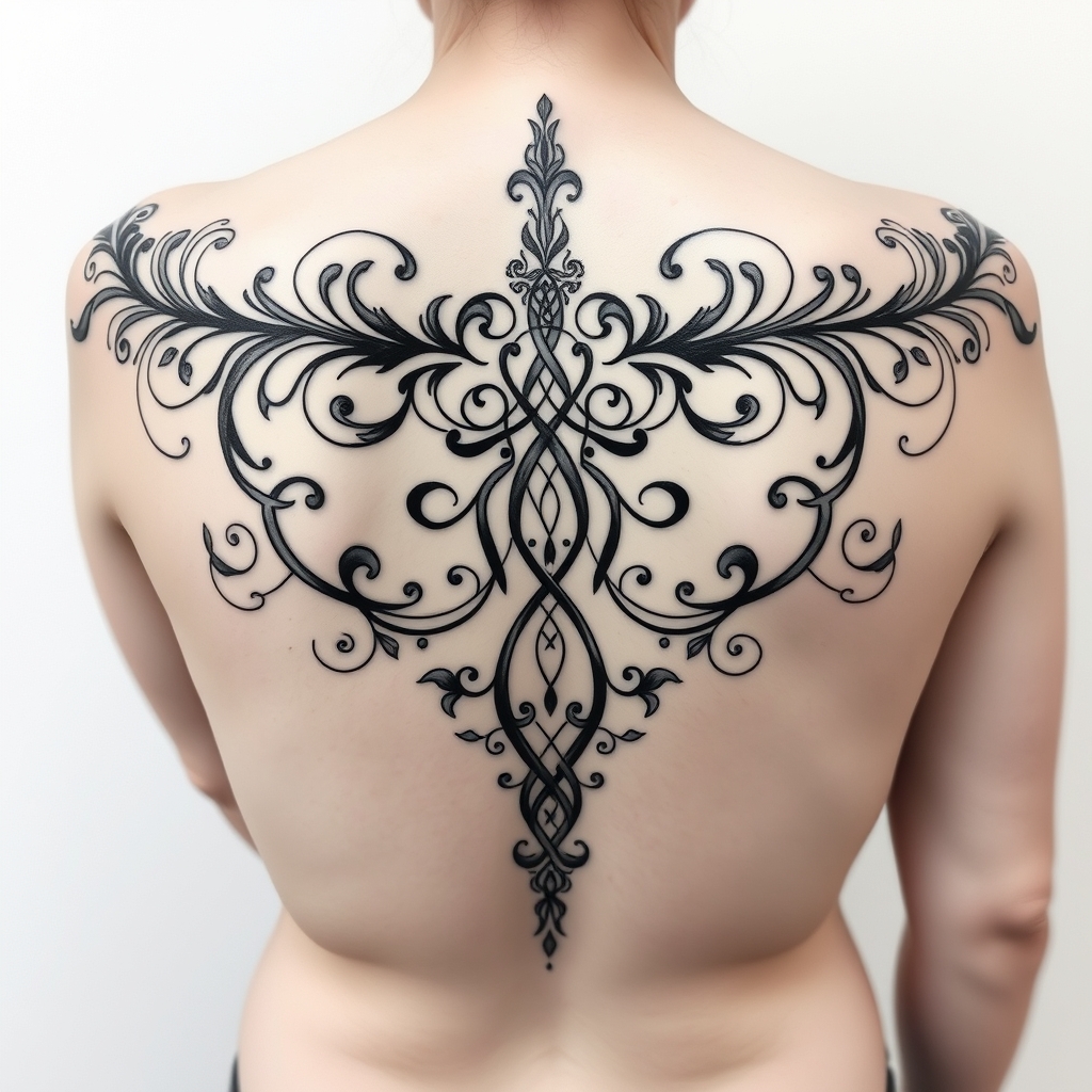 A tattoo design of Decorative back tattoo, going from the outer tips of the shoulders down the middle of the spine. Style should be like ornamental borders from art nouveau borders, organic lines intertwining and forming ribbons or circles along the lines in the style of blackwork. - art nouveau design tattoo design generated by AI tattoo generator