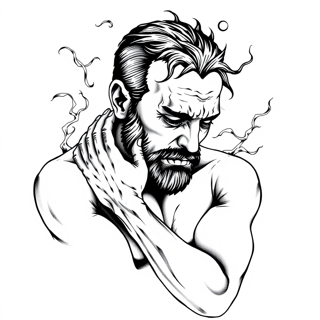 A tattoo design of Man suffering in the style of blackwork. - human figure tattoo design generated by AI tattoo generator