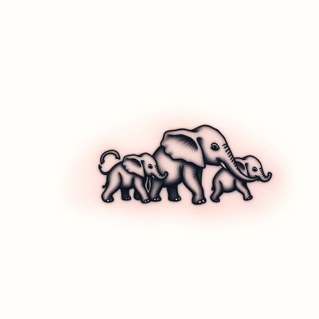 A tattoo design of 4 baby elephants all facing right gradually getting smaller . First with a D incorporated its ear shape in the style of minimalist. - wildlife animals tattoo design generated by AI tattoo generator