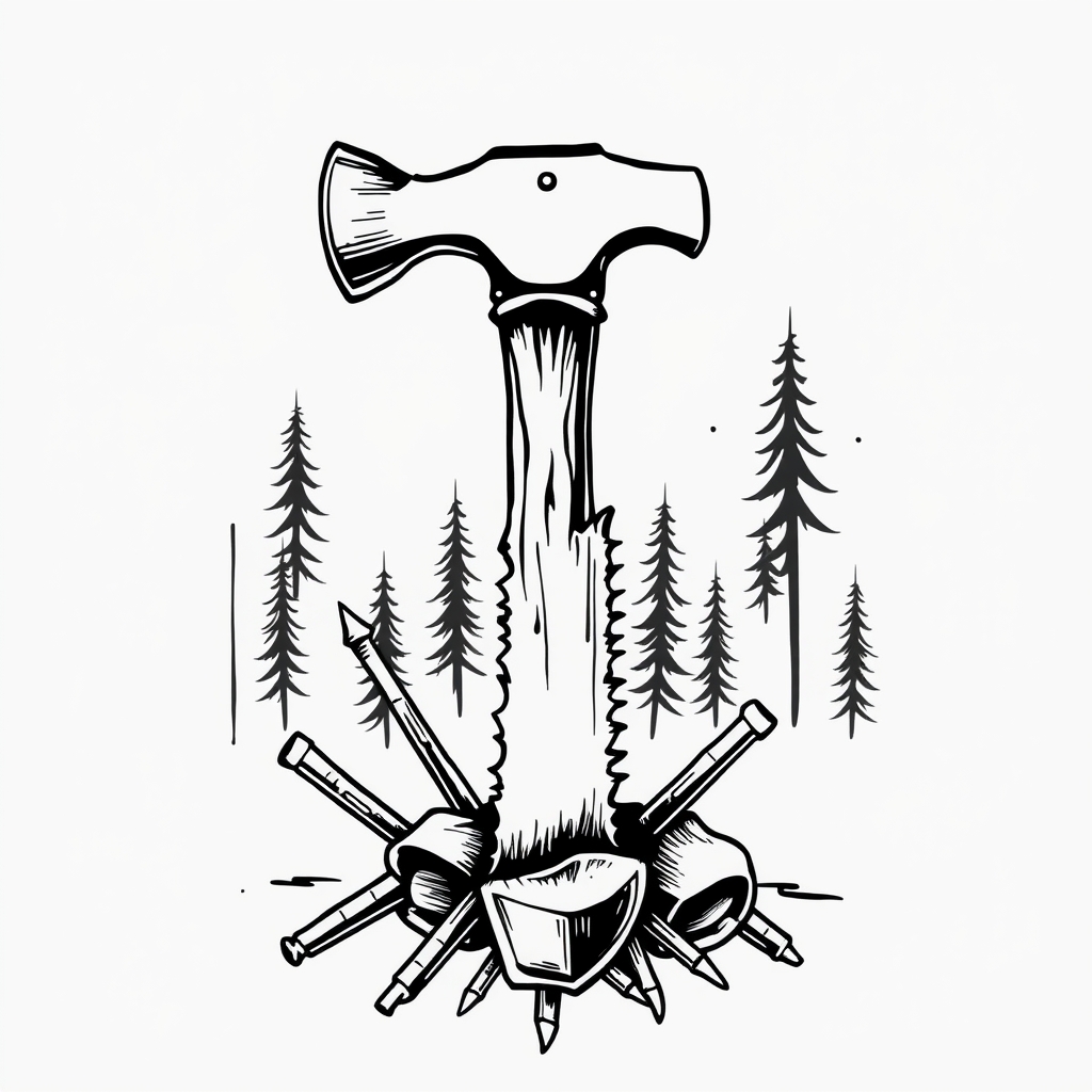 A tattoo design of Hammer, saw, sawblades, and nails with trees in the background in the style of blackwork. - tools and hardware tattoo design generated by AI tattoo generator