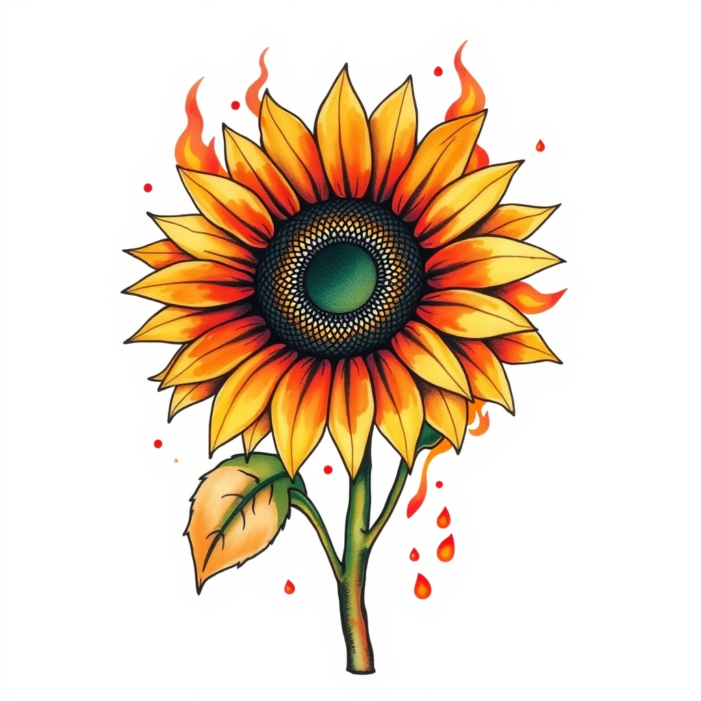 A tattoo design of A sunflower on fire in the style of watercolor. - flora tattoo design generated by AI tattoo generator