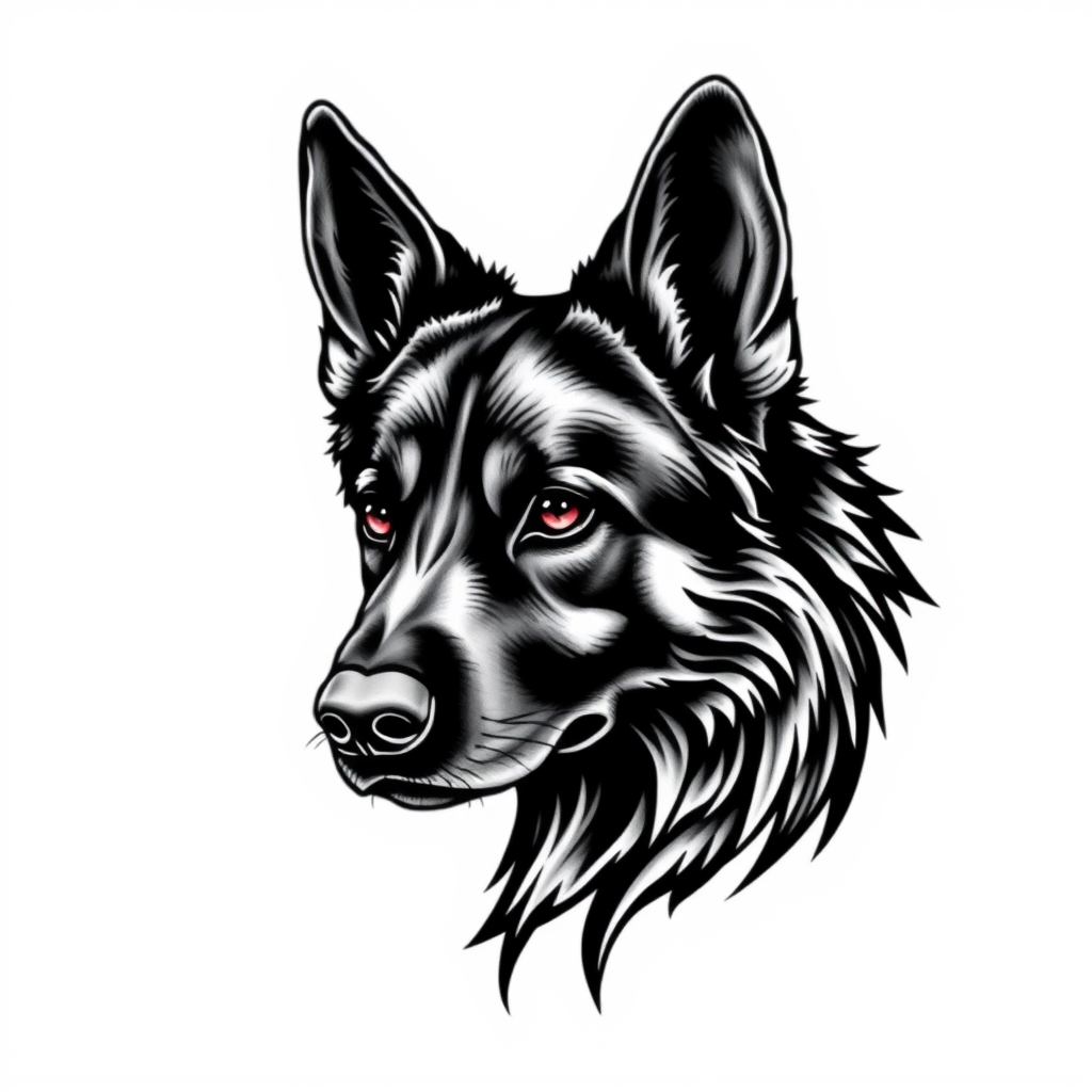 A tattoo design of Raven eye German shepherd in the style of blackwork. - animals tattoo design generated by AI tattoo generator