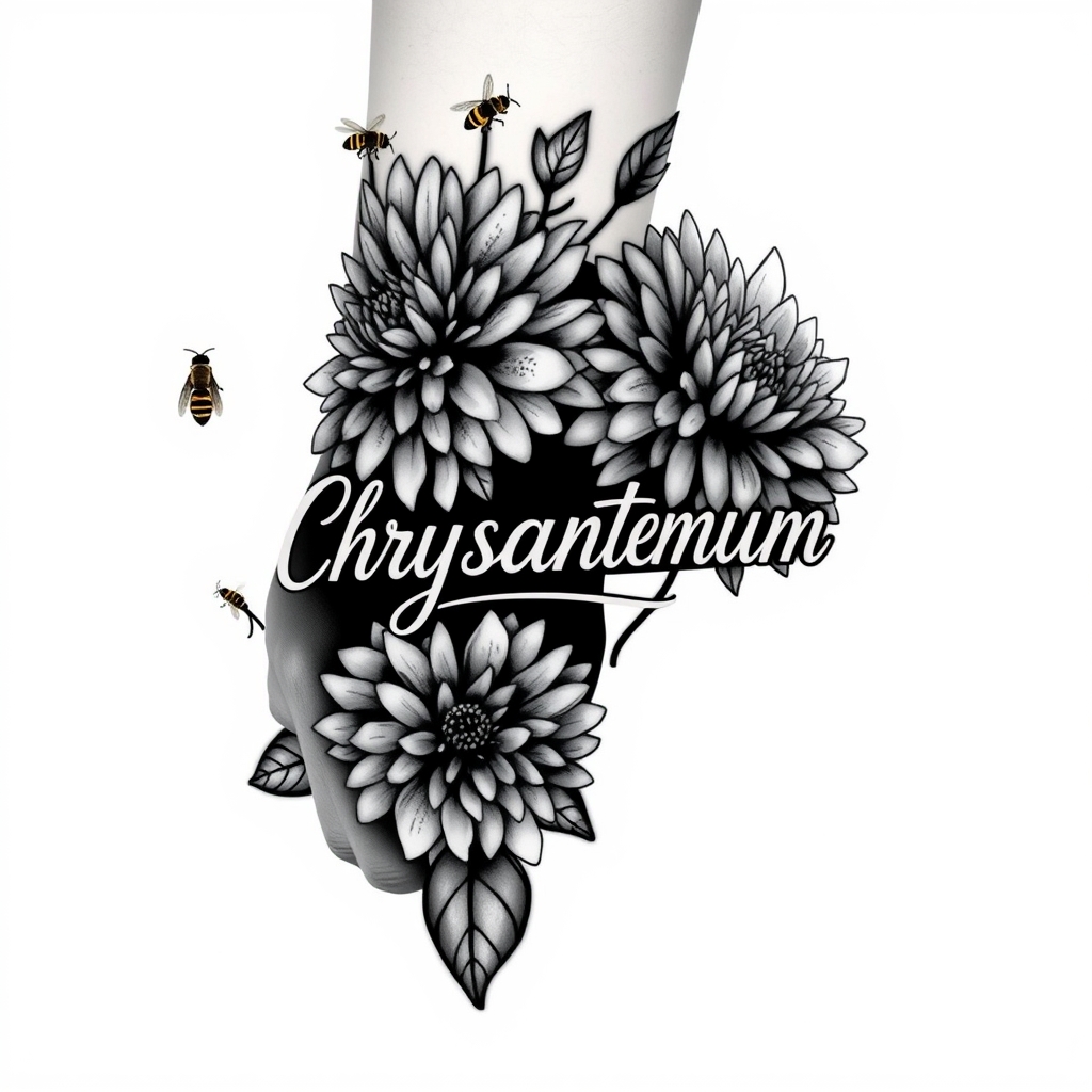 A tattoo design of Black and white from elbow to hand vertical the word Chrysanthemum in cursive, bees, blooming Chrysanthemums flowers large in the style of minimalist. - flowers and insects tattoo design generated by AI tattoo generator