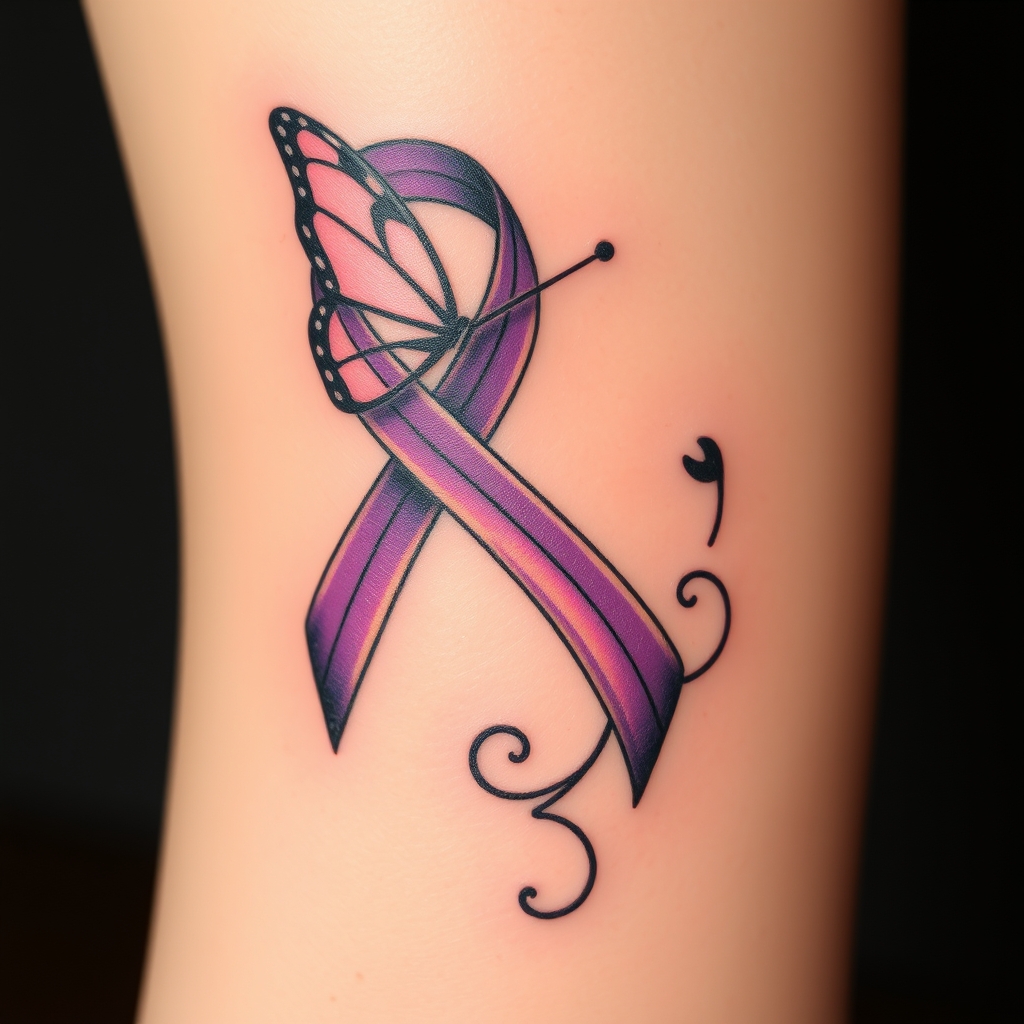 A tattoo design of Domestic violence ribbon awareness inclined together with a purple butterfly as a person hunch over  in the style of japanese. - social justice awareness tattoo design generated by AI tattoo generator