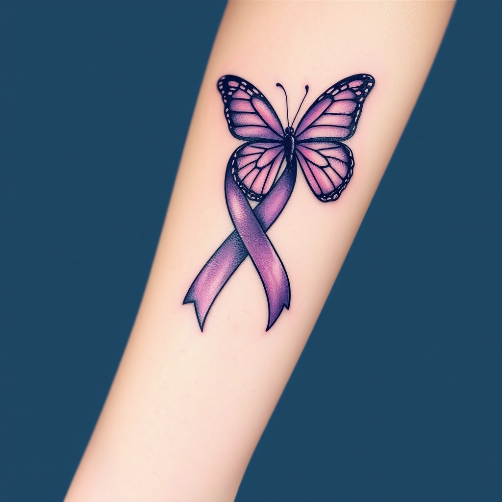 A tattoo design of Domestic violence ribbon awareness inclined together with a purple butterfly  in the style of minimalist. - domestic violence awareness tattoo design generated by AI tattoo generator