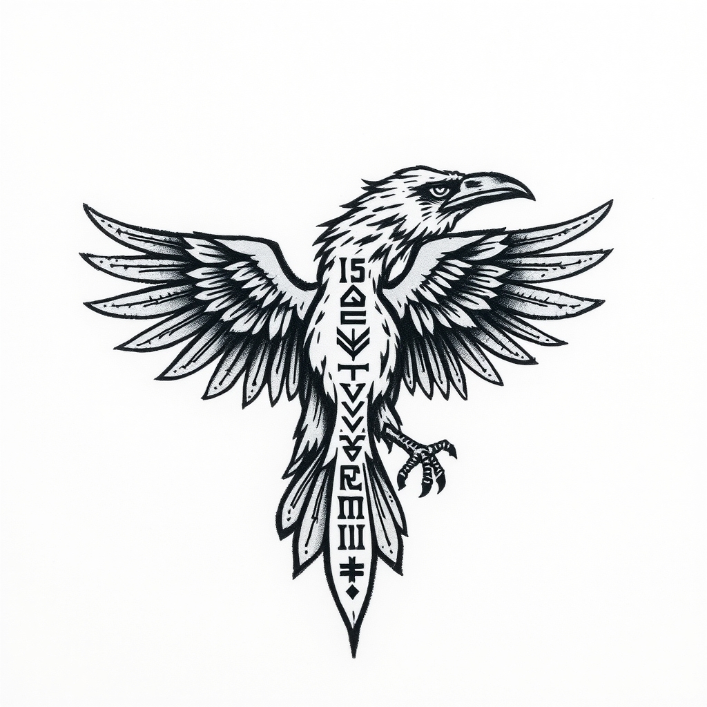 A tattoo design of Raven Viking Runes in the style of blackwork. - mythology tattoo design generated by AI tattoo generator