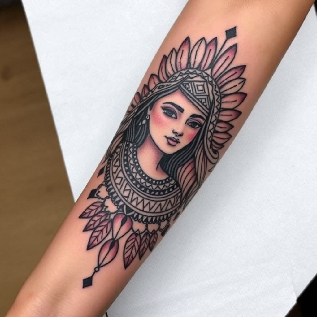 A tattoo design of Feminine peruvian culture tattoo for forearm in the style of geometric. - peruvian culture tattoo design generated by AI tattoo generator