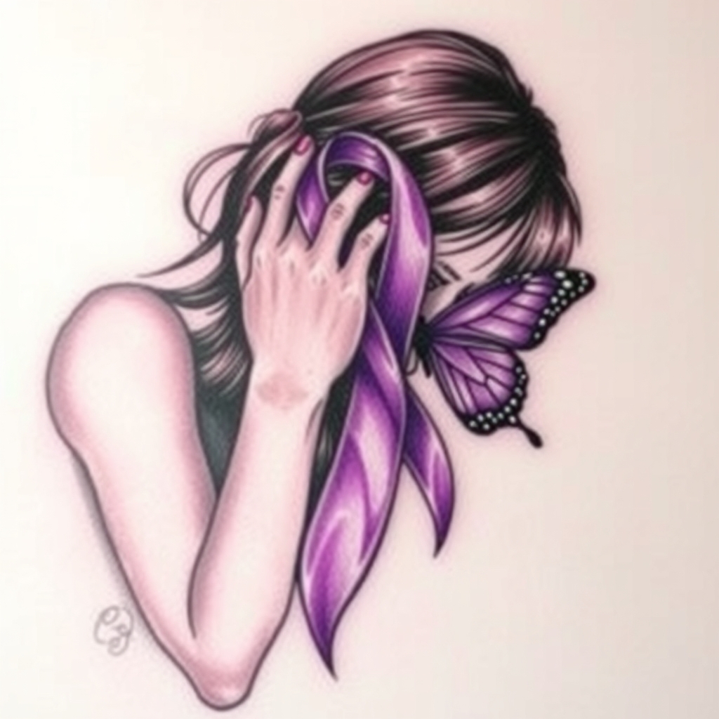 A tattoo design of Domestic violence ribbon awareness inclined together with a purple butterfly as a women hunched over her hands overing her face crying  in the style of abstract. - domestic violence awareness tattoo design generated by AI tattoo generator