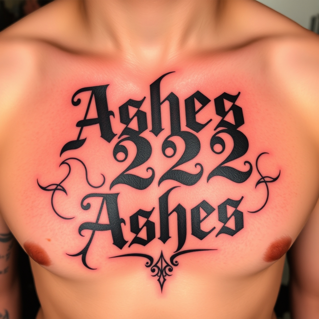 A tattoo design of Words "Ashes 222 Ashes" on left pectoralis in the style of traditional. - text tattoo design generated by AI tattoo generator
