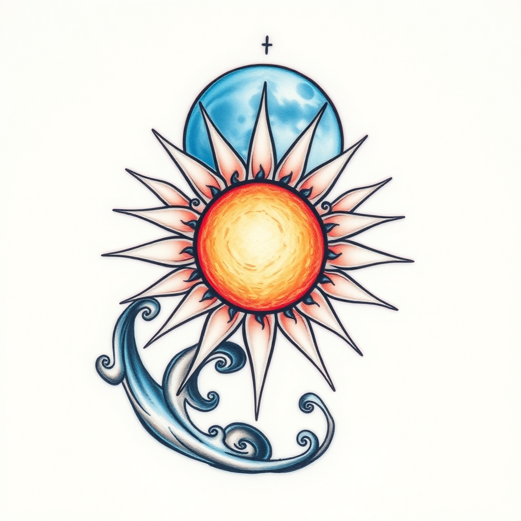 A tattoo design of Aquarius with sun and blue moon in the style of realistic. - astrology zodiac tattoo design generated by AI tattoo generator