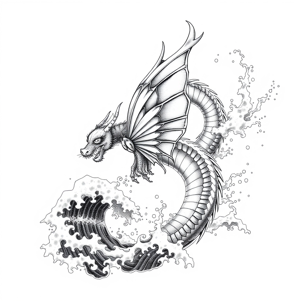 A tattoo design of A butterfly dragon, shimmering silver white, splashing out of Japanese style ocean waves  in the style of surrealistic. - mythical sea creature tattoo design generated by AI tattoo generator
