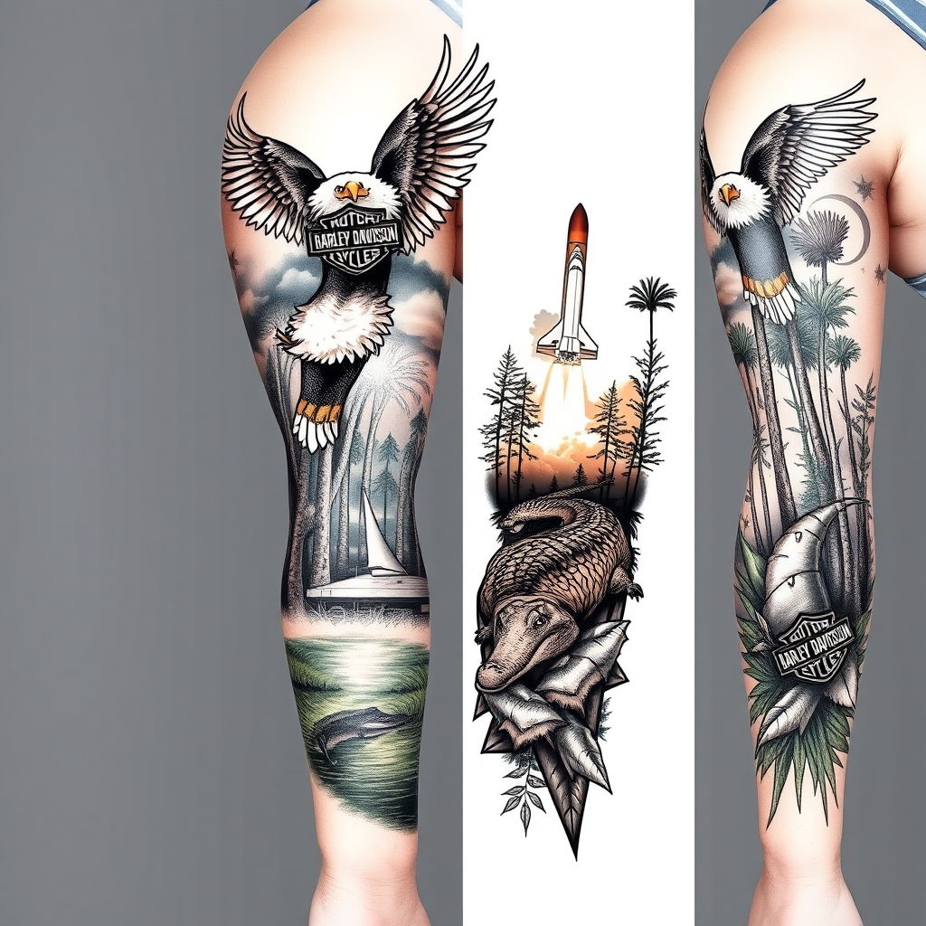 A tattoo design of Right arm full sleeve with the upper containing Harley Davidson theme with eagles mixed with the lower of Florida cypress swamp theme with alligator and space shuttle launch in the background  in the style of realistic. - motorcycle travel wildlife tattoo design generated by AI tattoo generator