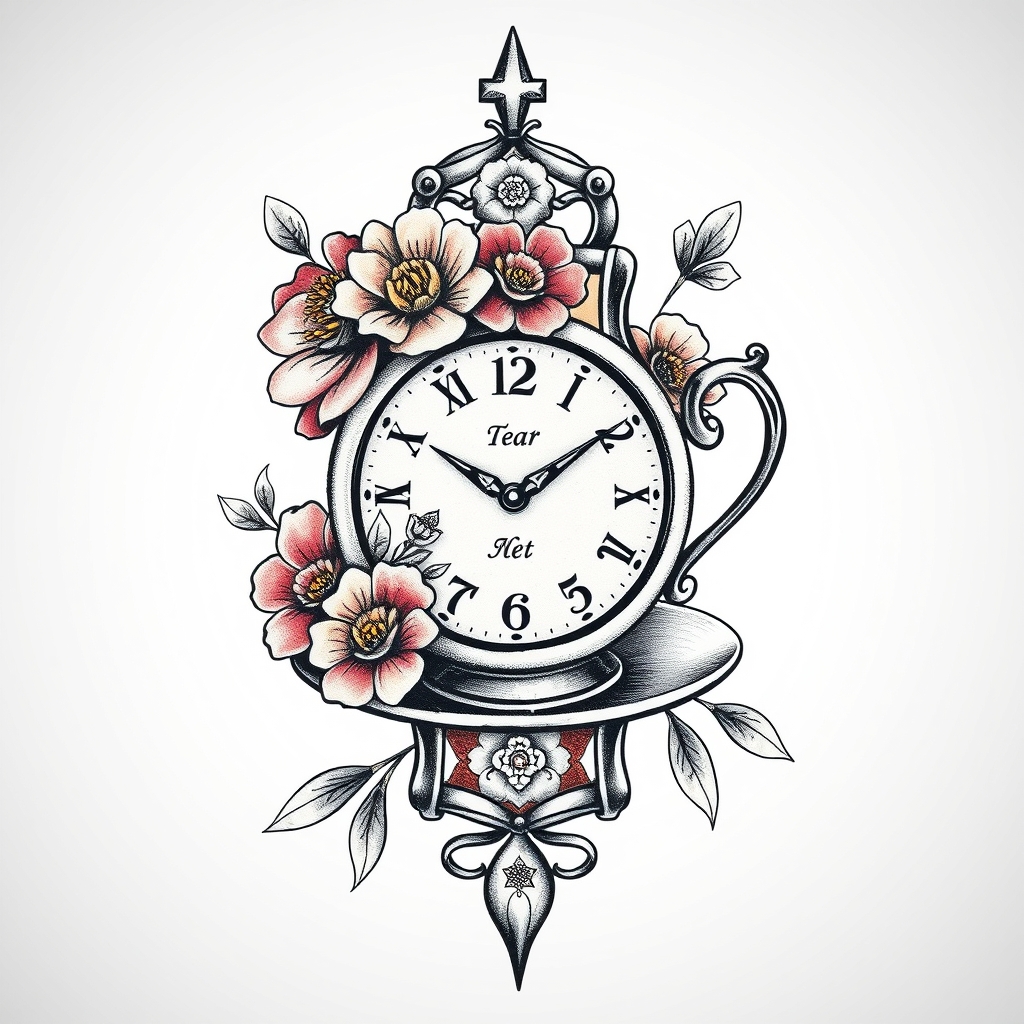A tattoo design of Alice in wonderland floral tea cups watch in the style of surrealistic. - alice in wonderland tattoo design generated by AI tattoo generator