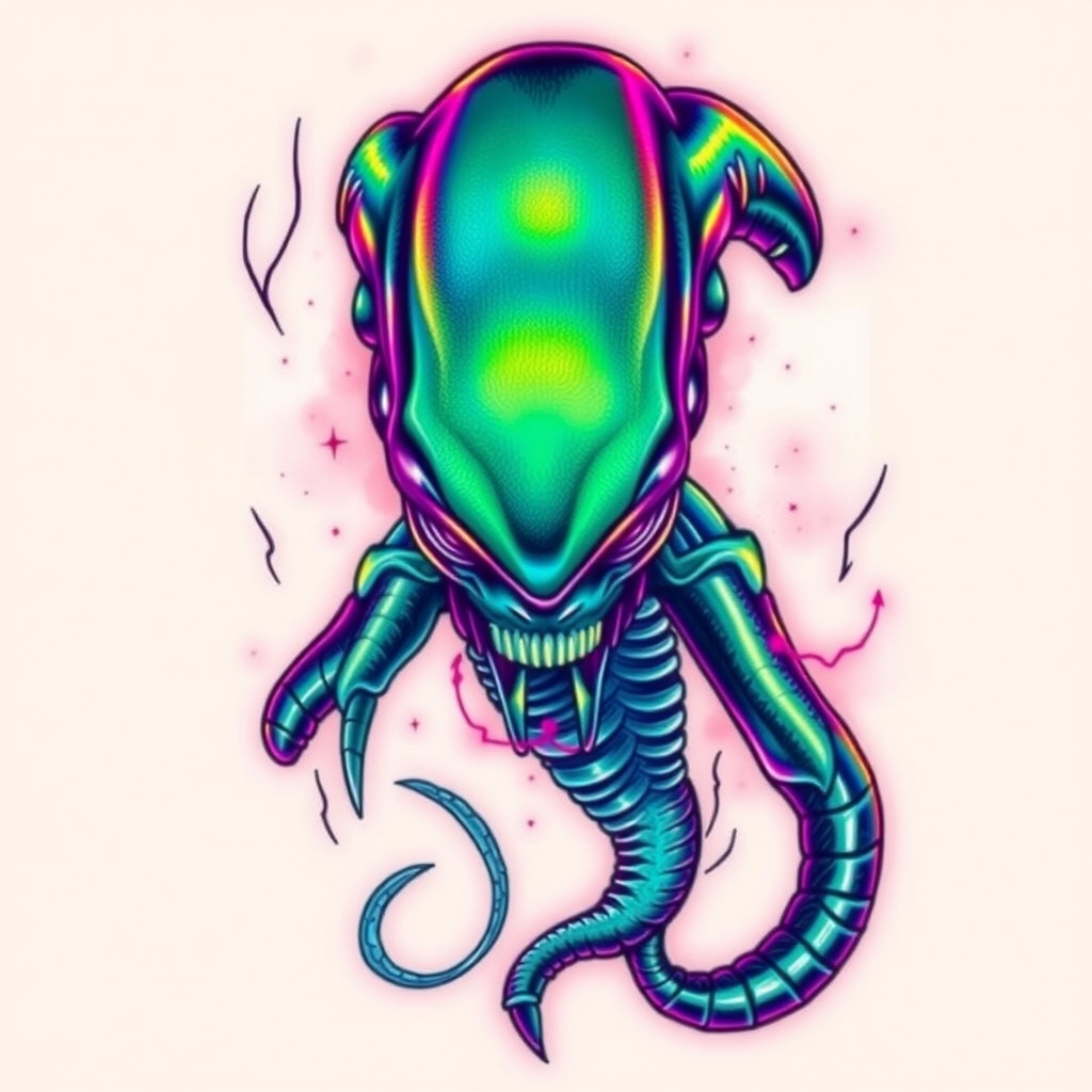A tattoo design of Xenomorph alien in bright neon multicolor in the style of realistic. - science fiction tattoo design generated by AI tattoo generator