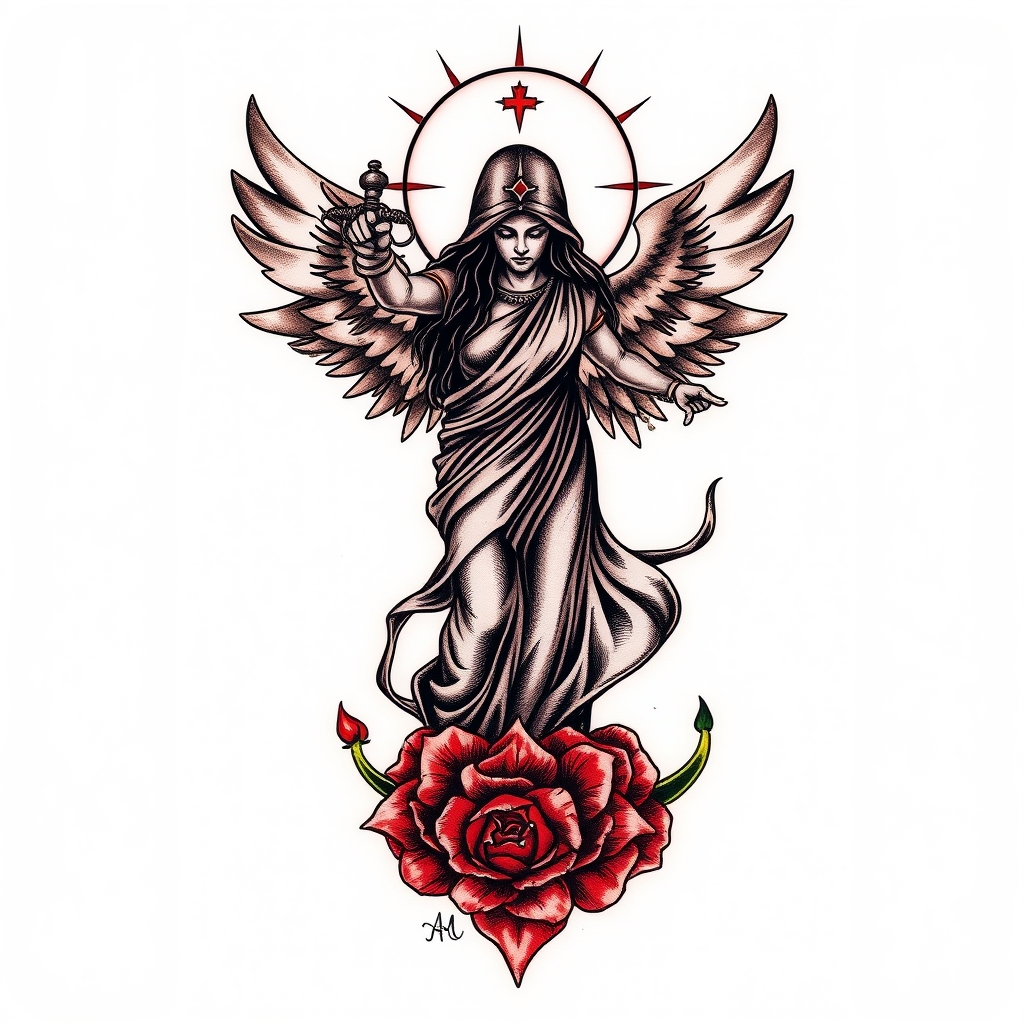 A tattoo design of Redemption, justice, love, and sacrifice in the style of realistic. - spiritual values tattoo design generated by AI tattoo generator