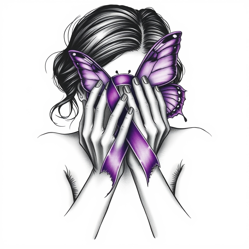 A tattoo design of Domestic violence ribbon awareness inclined together with a purple butterfly as a women hunched over her hands overing her face in the style of surrealistic. - domestic violence awareness tattoo design generated by AI tattoo generator