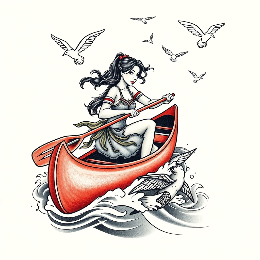 A tattoo design of A strong woman paddling a canoe into water with birds flying above and a mermaid next to the canoe in the water in the style of japanese. - mythical sea creatures tattoo design generated by AI tattoo generator