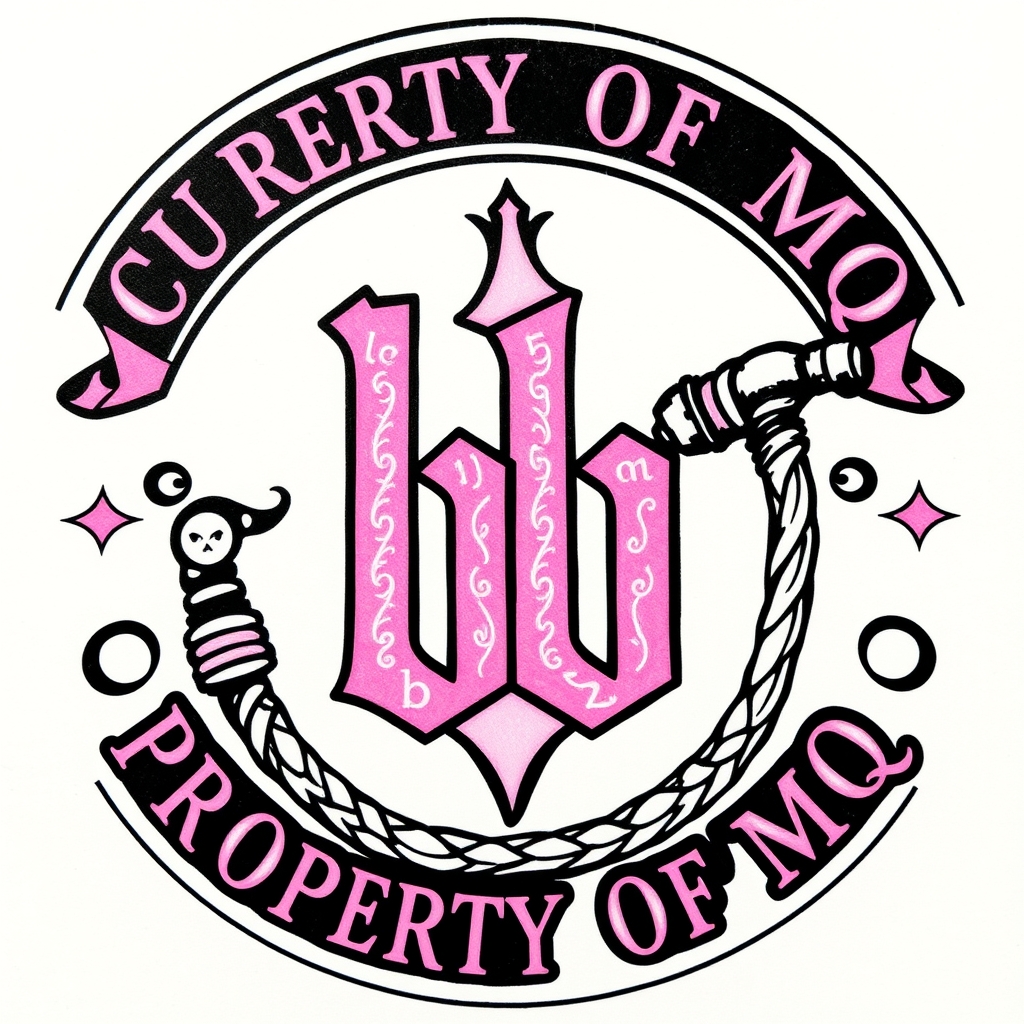 A tattoo design of Cuckold symbol.  Black and pink are the colors. Name is bb.  Says PROPERTY OF MQ.  A whip is shown.   in the style of traditional. - bdsm fetish tattoo design generated by AI tattoo generator