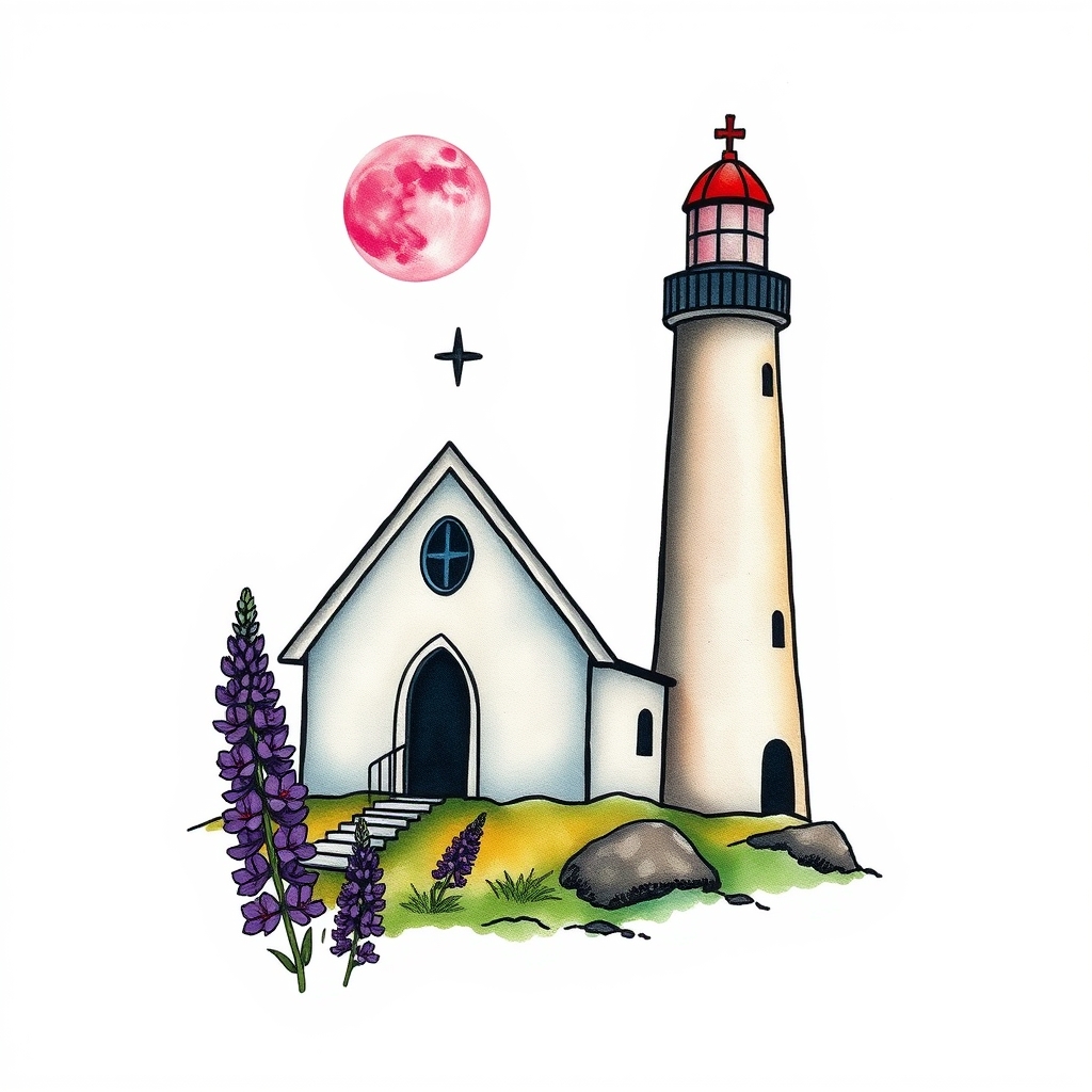 A tattoo design of Chapel and a lighthouse beside it with a pink moon an purple lupines in the style of watercolor. - landscapes tattoo design generated by AI tattoo generator