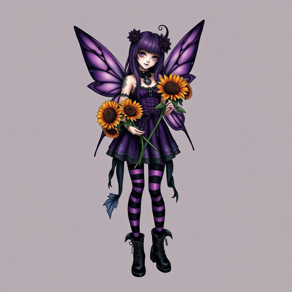 A tattoo design of Dark goth strong flower fairy, purple hair,  dressed in purple and black with striped tights and dm boots.  Holding sunflowers in the style of realistic. - fairy fantasy tattoo design generated by AI tattoo generator