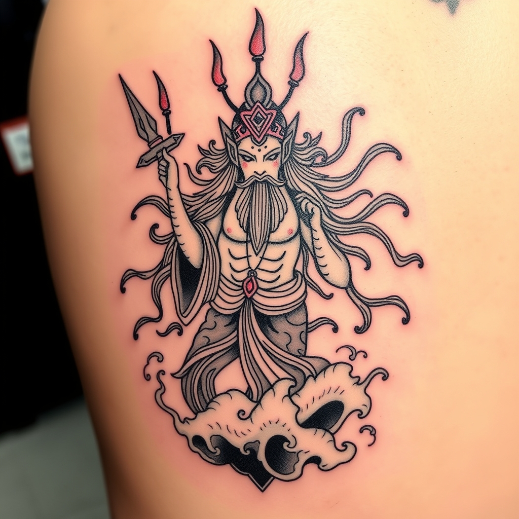 A tattoo design of Water deity in the style of japanese. - mythical creature tattoo design generated by AI tattoo generator