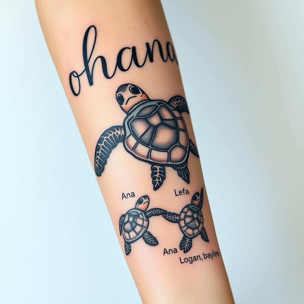 A tattoo design of A momma sea turtle swimming toward the word ohana with 3 baby sea turtles following behind in a stream of water with the names Ana Logan and baylee by the baby sea turtles. The baby sea turtles looking like Finding Nemo sea turtles tattoo for forearm in the style of abstract. - sea turtles tattoo design generated by AI tattoo generator