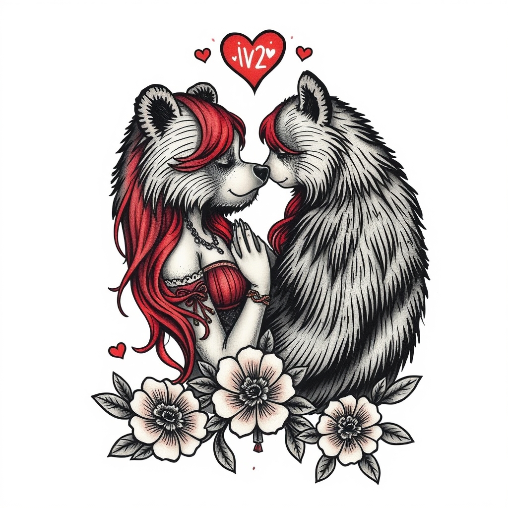 A tattoo design of Bear in love with redhead woman tattoo  in the style of traditional. - love and relationships tattoo design generated by AI tattoo generator