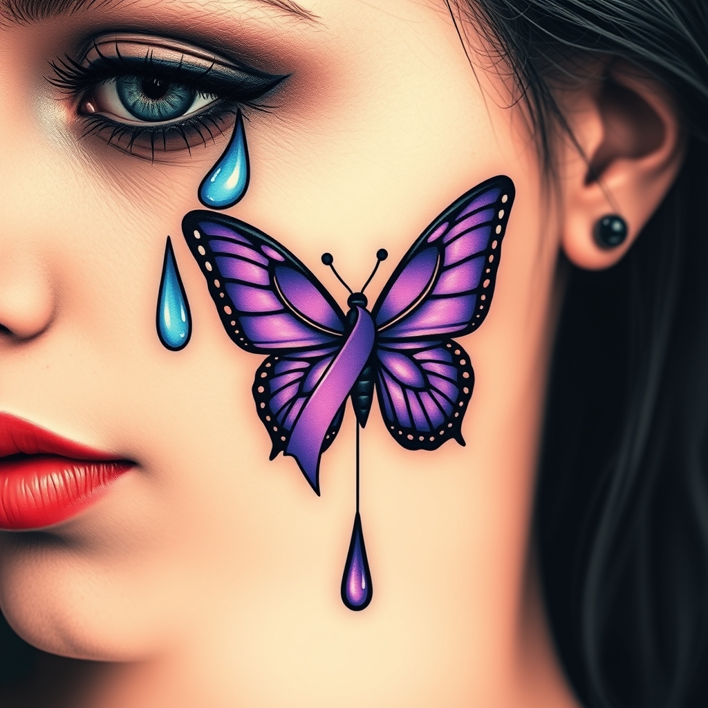 A tattoo design of A tear running down a woman's face with a domestic violence ribbon and a purple butterfly entwined together in the style of realistic. - domestic violence awareness tattoo design generated by AI tattoo generator