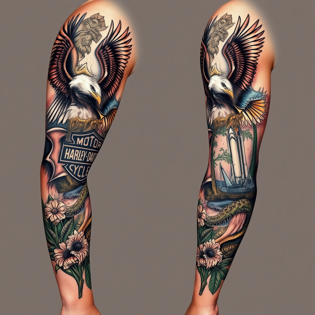 A tattoo design of Right arm full sleeve with the upper containing Harley Davidson theme with eagles mixed with the lower of Florida cypress swamp theme with alligator and space shuttle launch in the background in the style of realistic. - motorcycle culture tattoo design generated by AI tattoo generator