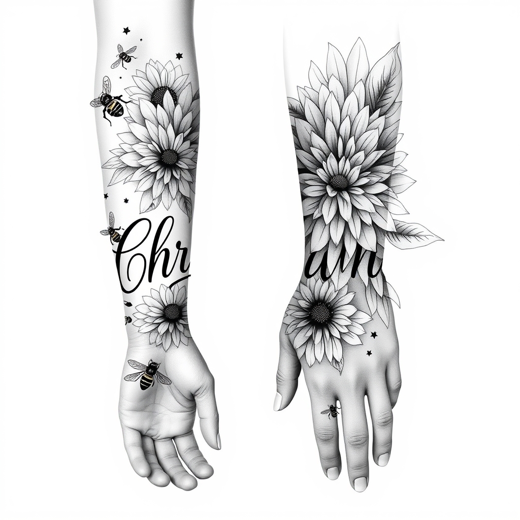 A tattoo design of Black and white half sleeve forearm and hand, the word Chrysanthemum in cursive, bees, blooming Chrysanthemums large in the style of abstract. - flowers tattoo design generated by AI tattoo generator